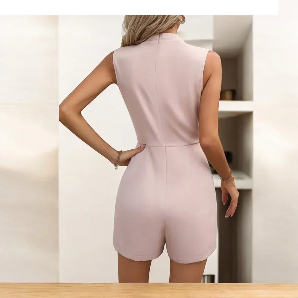 Solid Zip Back Mock Neck Romper, a chic and elegant addition to your wardrobe - Picture 3 of 6